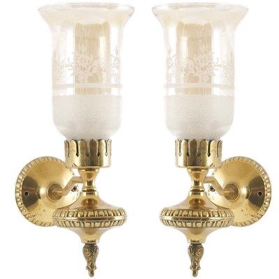 Art Deco Wall Sconces in Gilt Bronze & Murano Glass in the Style of Gio Ponti, Florence, 1940s, Set of 2-NJV-971810