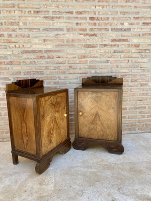 Art Deco Walnut Slab Side Cabinets or Nightstands with Carved Base, 1930s, Set of 2-NOU-1109355