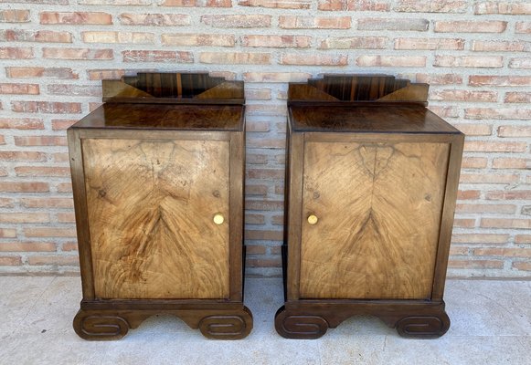 Art Deco Walnut Slab Side Cabinets or Nightstands with Carved Base, 1930s, Set of 2-NOU-1109355