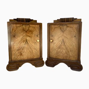 Art Deco Walnut Slab Side Cabinets or Nightstands with Carved Base, 1930s, Set of 2-NOU-1109355