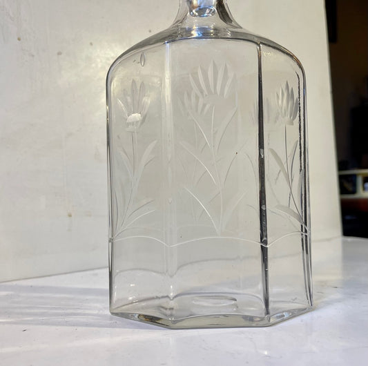 Art Deco Whiskey Glass Decanter with Etched Flowers from Holmegaard, 1930s