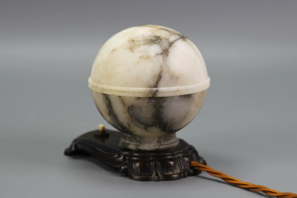 Art Deco White and Black Alabaster Globe Sphere Night Lamp, 1930s-KEG-1290493