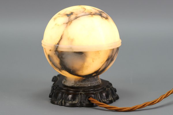 Art Deco White and Black Alabaster Globe Sphere Night Lamp, 1930s-KEG-1290493