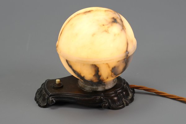 Art Deco White and Black Alabaster Globe Sphere Night Lamp, 1930s-KEG-1290493