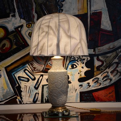 Art Deco White Ceramic Lamp with Floral Pattern, 1930s-LXP-1065430