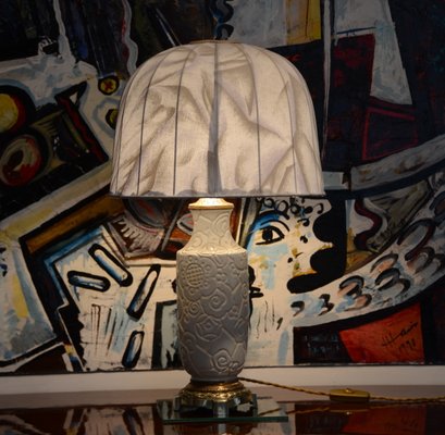 Art Deco White Ceramic Lamp with Floral Pattern, 1930s-LXP-1065430