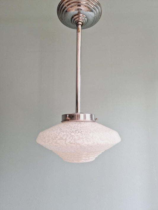 Art Deco White Speckled Glass Suspension, 1930s