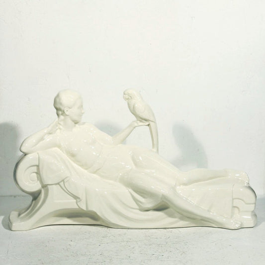 Art Deco Woman with Parrot in Earthenware from Sarreguemines, France, 1920s