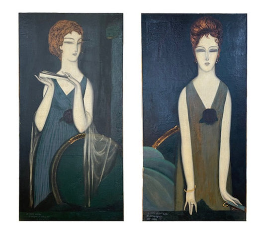 Art Deco Women, 20th Century, Oil on Canvases, Set of 2