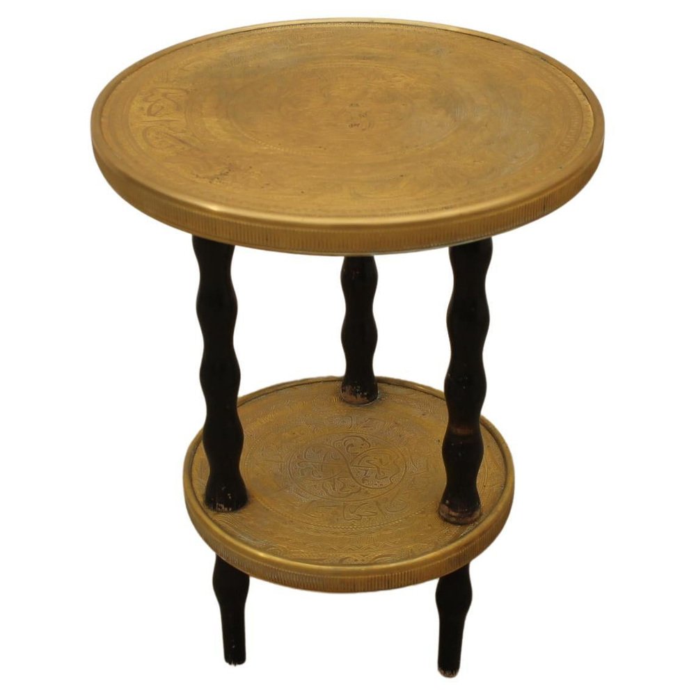 Art Deco Wood and Brass Round Side Table, Bohemia, 1930s