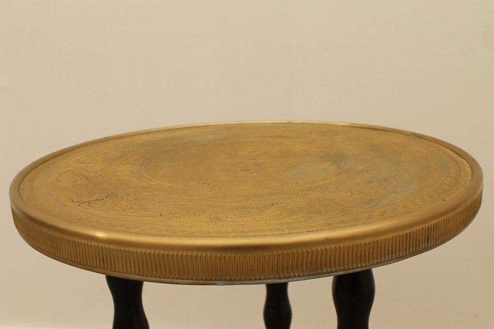 Art Deco Wood and Brass Round Side Table, Bohemia, 1930s