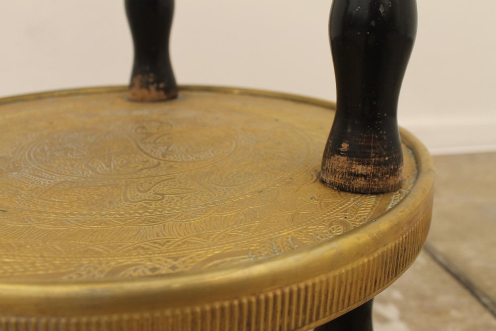 Art Deco Wood and Brass Round Side Table, Bohemia, 1930s