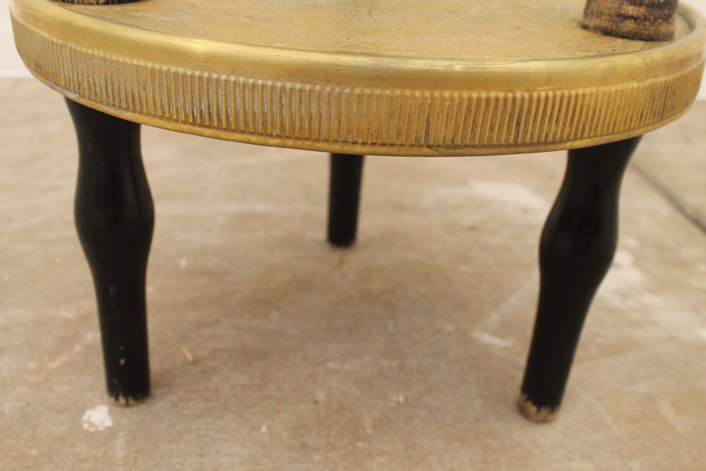 Art Deco Wood and Brass Round Side Table, Bohemia, 1930s