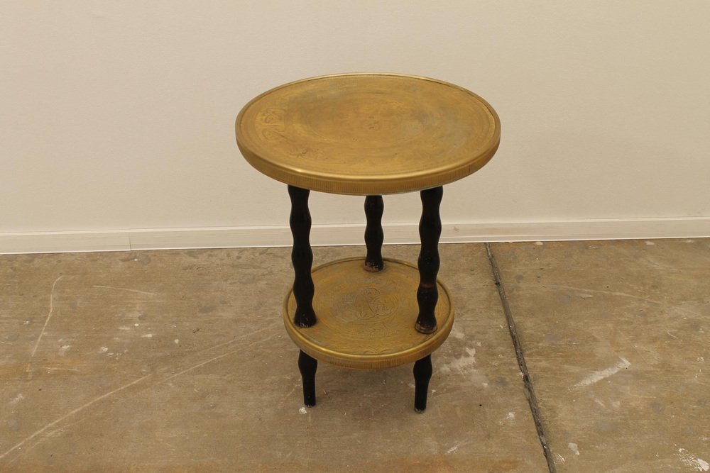 Art Deco Wood and Brass Round Side Table, Bohemia, 1930s