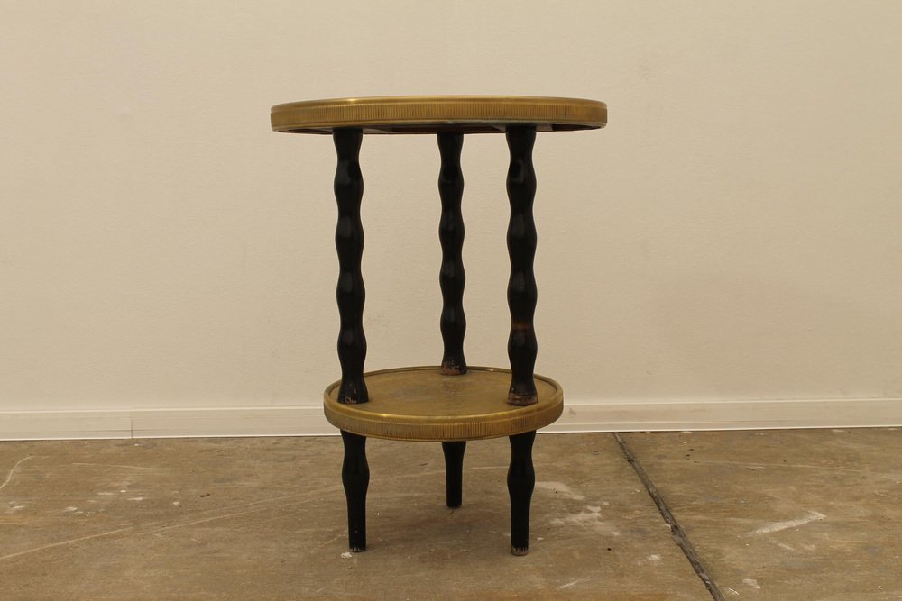 Art Deco Wood and Brass Round Side Table, Bohemia, 1930s