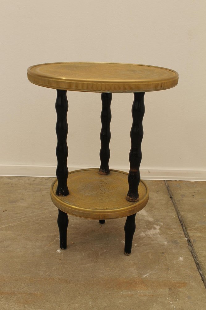 Art Deco Wood and Brass Round Side Table, Bohemia, 1930s