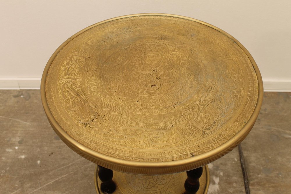 Art Deco Wood and Brass Round Side Table, Bohemia, 1930s