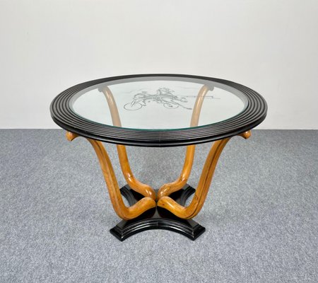 Art Deco Wood & Glass Round Coffee Side Table, Italy, 1940s-LYQ-1171352