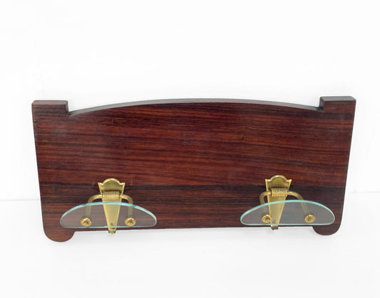 Art Deco Wood Wall Hanger with Brass & Glass Hooks from Fontana Arte