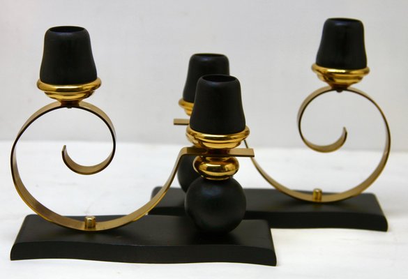 Art Deco Wooden and Brass Candlesticks, 1930s, Set of 2-MJY-1161857