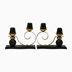 Art Deco Wooden and Brass Candlesticks, 1930s, Set of 2-MJY-1161857