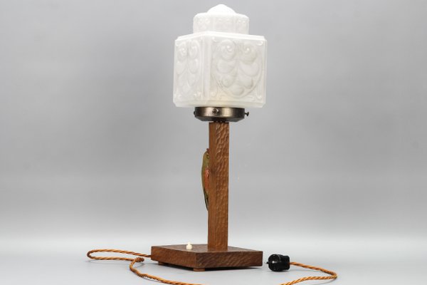 Art Deco Wooden and Frosted Glass Table Lamp with a Woodpecker, 1930s-KEG-1393008