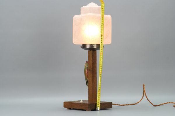 Art Deco Wooden and Frosted Glass Table Lamp with a Woodpecker, 1930s-KEG-1393008