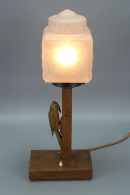 Art Deco Wooden and Frosted Glass Table Lamp with a Woodpecker, 1930s-KEG-1393008