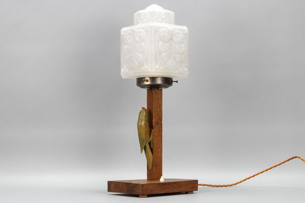 Art Deco Wooden and Frosted Glass Table Lamp with a Woodpecker, 1930s-KEG-1393008