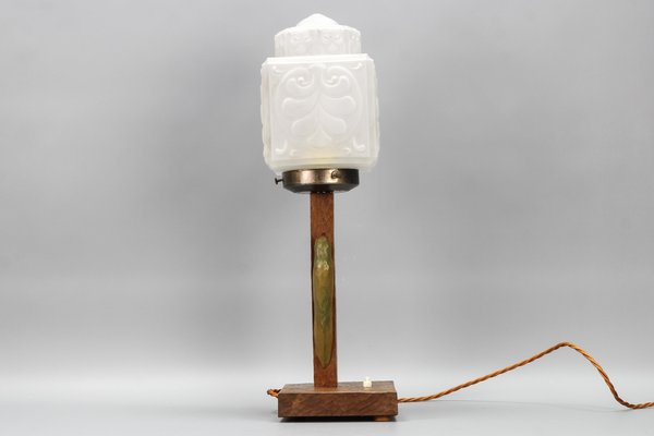 Art Deco Wooden and Frosted Glass Table Lamp with a Woodpecker, 1930s-KEG-1393008