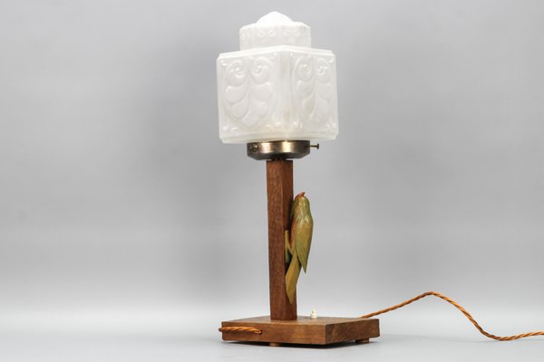 Art Deco Wooden and Frosted Glass Table Lamp with a Woodpecker, 1930s-KEG-1393008