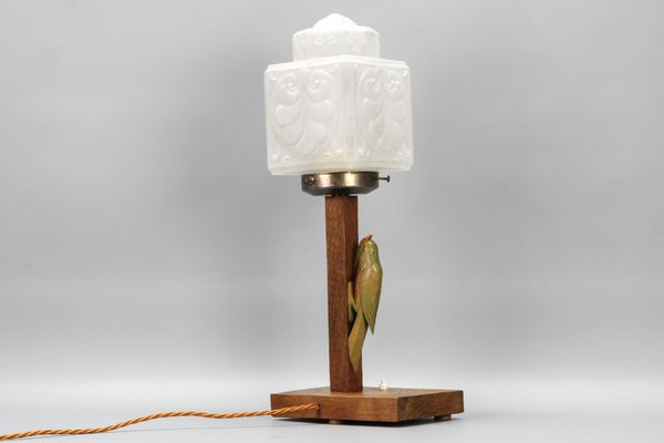 Art Deco Wooden and Frosted Glass Table Lamp with a Woodpecker, 1930s-KEG-1393008