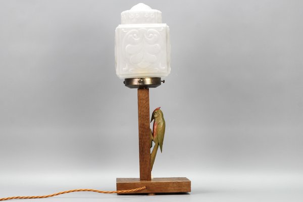 Art Deco Wooden and Frosted Glass Table Lamp with a Woodpecker, 1930s-KEG-1393008