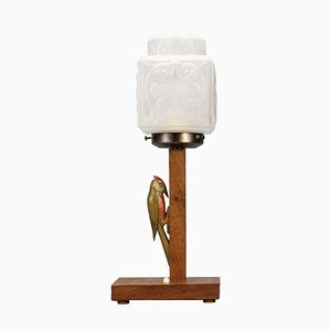 Art Deco Wooden and Frosted Glass Table Lamp with a Woodpecker, 1930s-KEG-1393008