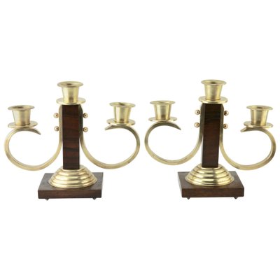 Art Deco Wooden & Brass Candlesticks, 1930s, Set of 2-MJY-1148724