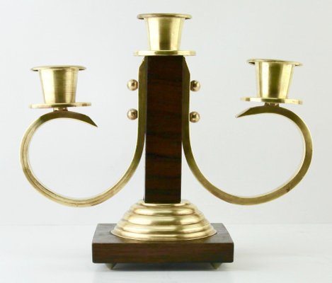 Art Deco Wooden & Brass Candlesticks, 1930s, Set of 2-MJY-1148724