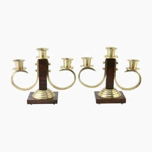 Art Deco Wooden & Brass Candlesticks, 1930s, Set of 2-MJY-1148724