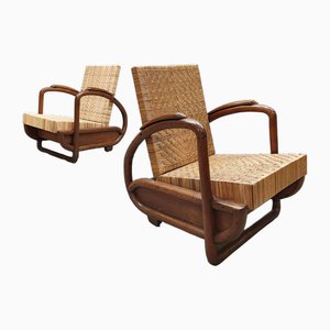 Art Deco Woven Rattan Lounge Chairs, 1930s, Set of 2-BW-1820333