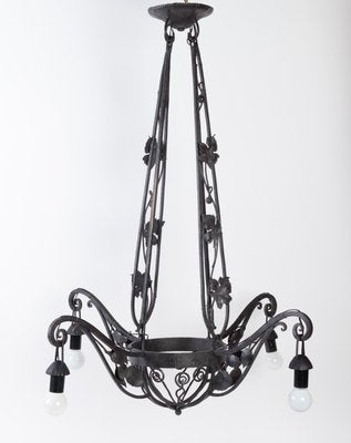 Art Deco Wrought Iron 4-Light Chandelier, 1930s-WFS-744947