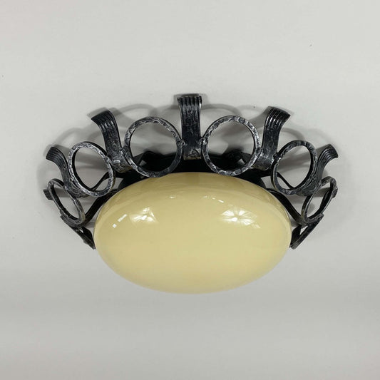 Art Deco Wrought Iron & Opaline Flush Mount, France, 1930s