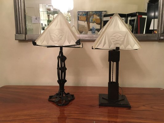 Art Deco Wrought Iron Table Lamps from Degué, 1920s, Set of 2-LXP-774383