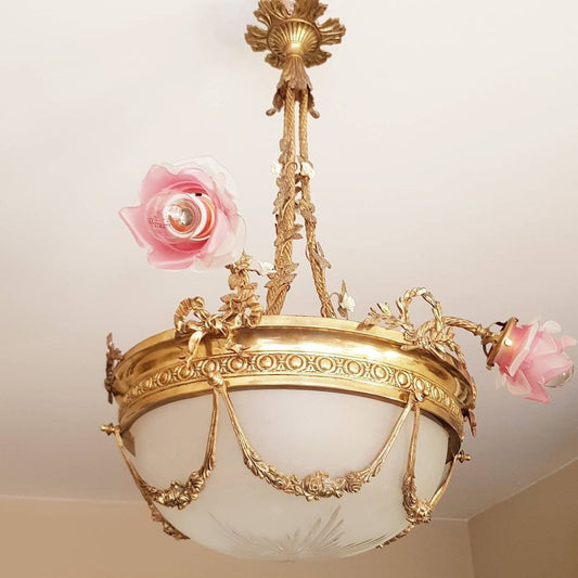 Art Deoc French Chandelier with Vianne Frosted Pink Lampshades