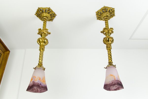 Art Glass and Gilt Bronze Pendant Lamps from Muller Strasbourg, 1920s, Set of 2-KEG-547370