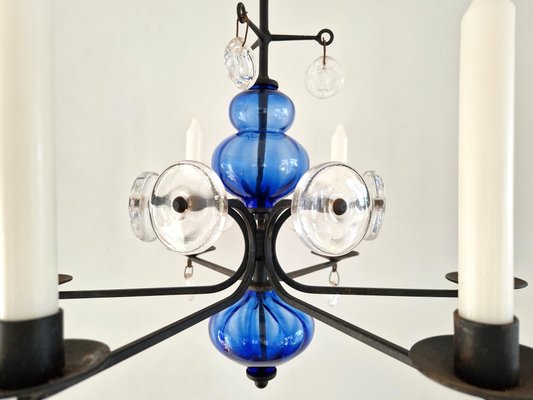 Art Glass and Wrought Iron Chandelier by Erik Höglund for Boda, 1960s-NV-1765234