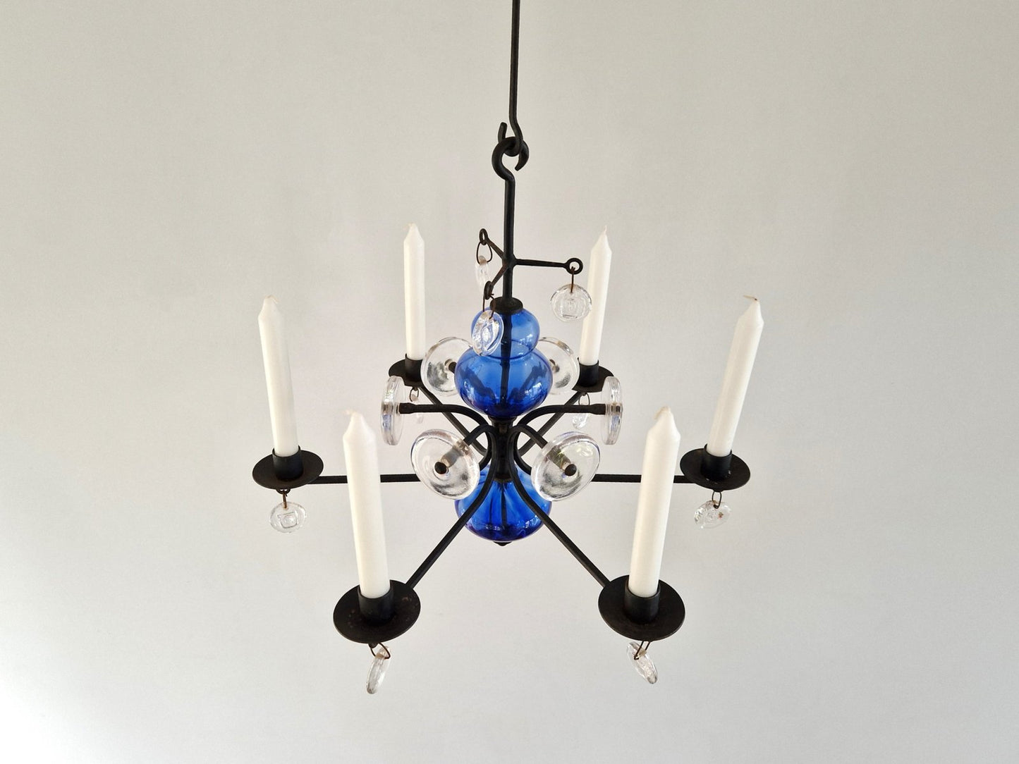 Art Glass and Wrought Iron Chandelier by Erik Höglund for Boda, 1960s