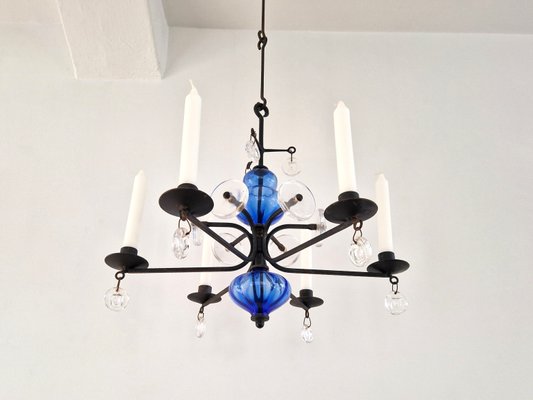 Art Glass and Wrought Iron Chandelier by Erik Höglund for Boda, 1960s-NV-1765234