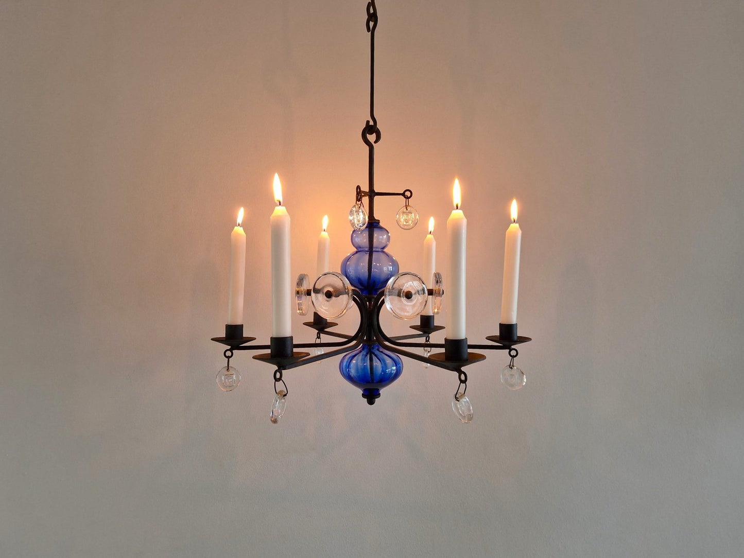 Art Glass and Wrought Iron Chandelier by Erik Höglund for Boda, 1960s