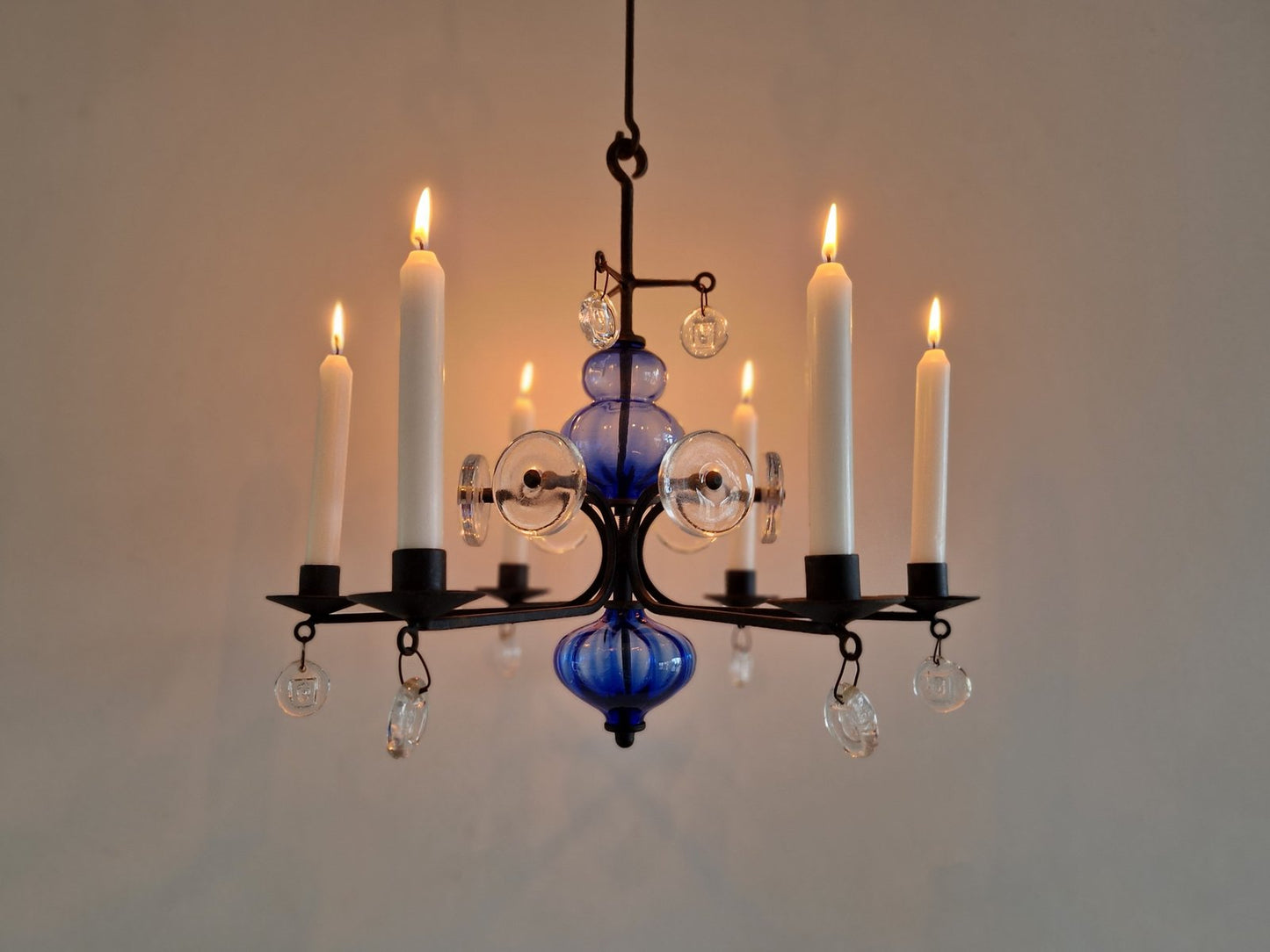 Art Glass and Wrought Iron Chandelier by Erik Höglund for Boda, 1960s