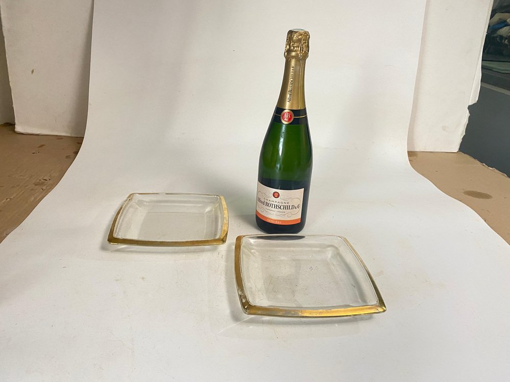 Art Glass Ashtrays with Golden Border, France, 1970s, Set of 2