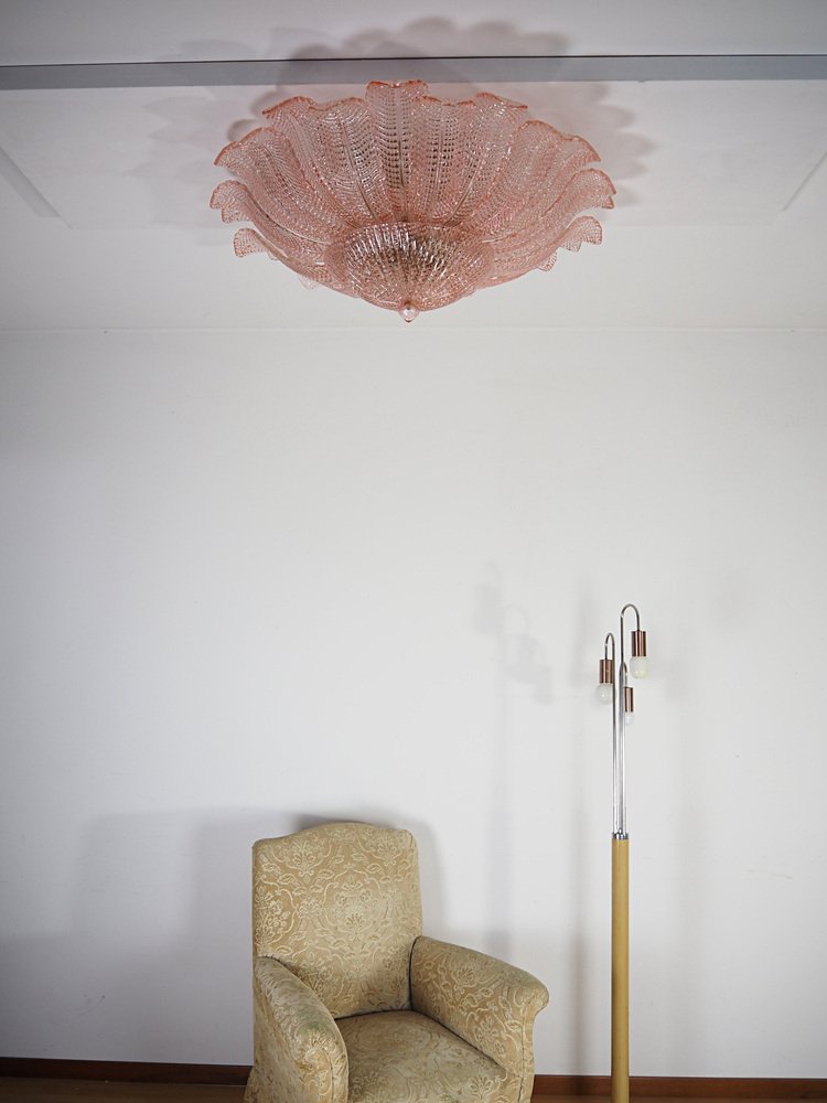 Art Glass Flower Ceiling Lamp in Murano Pink Color, 1990s